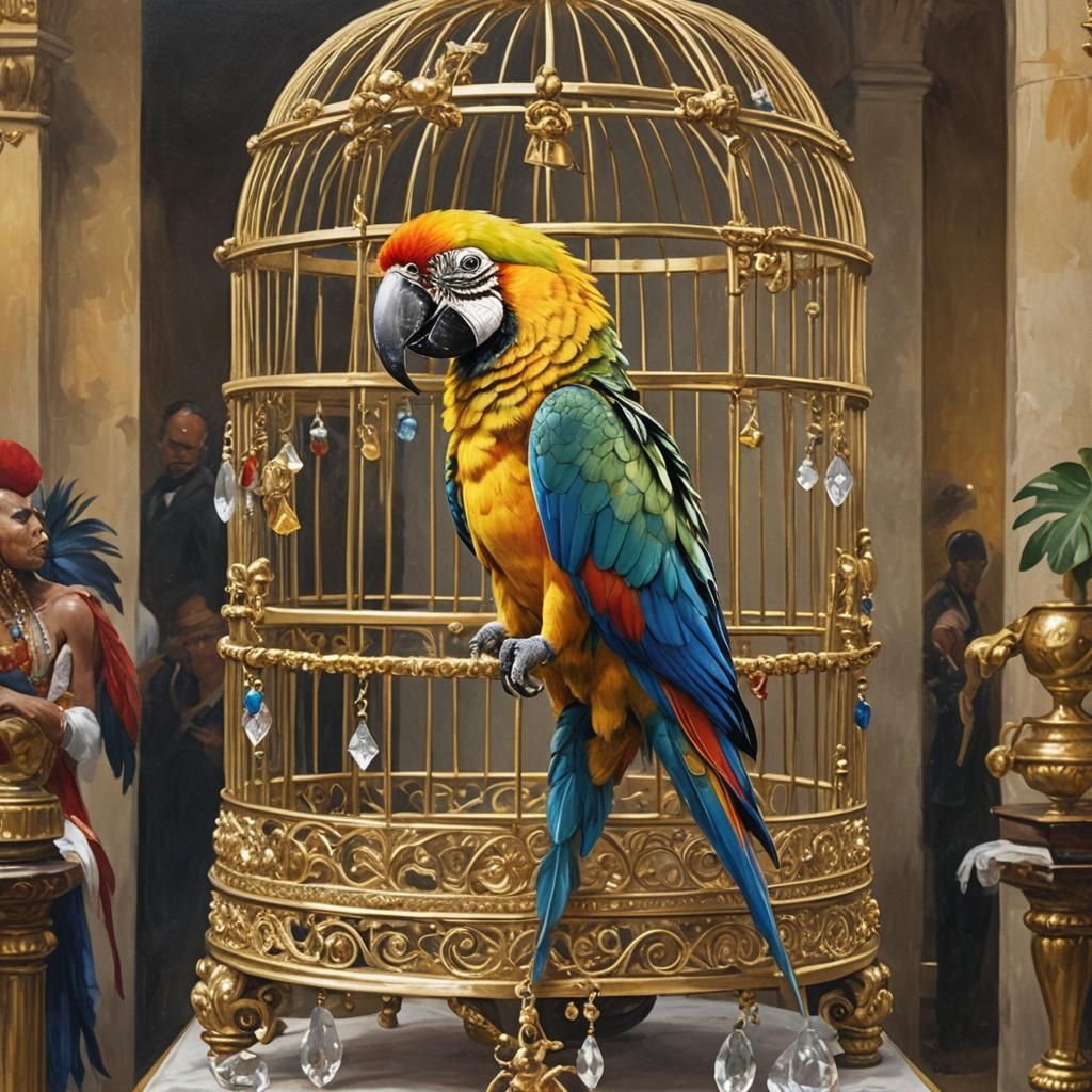 Macaw Parrot in Golden Cage in Colonial Lounge