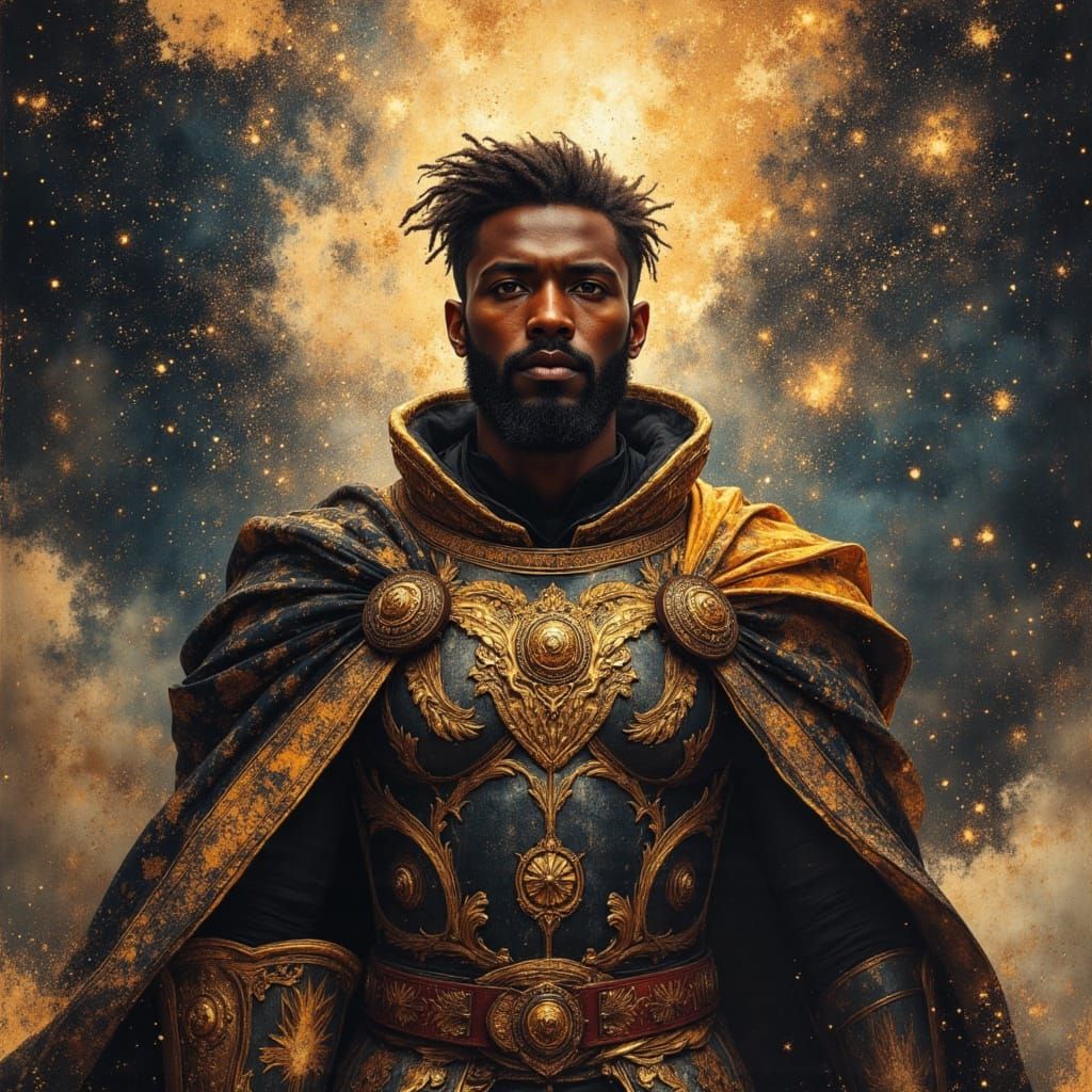 African King on Celestial Throne in Cosmic Tapestry