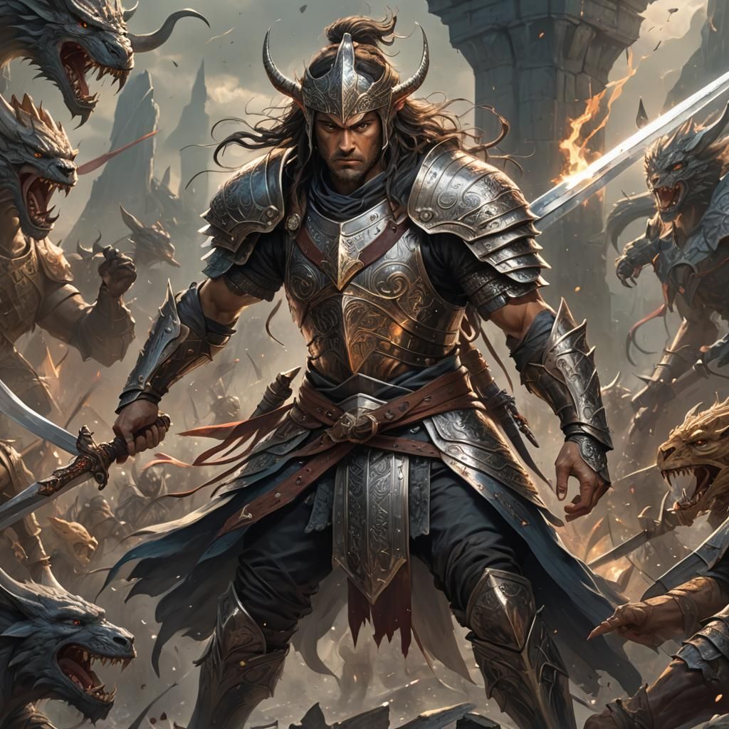 Fierce Magical Warrior with Reflective Sword in Battle