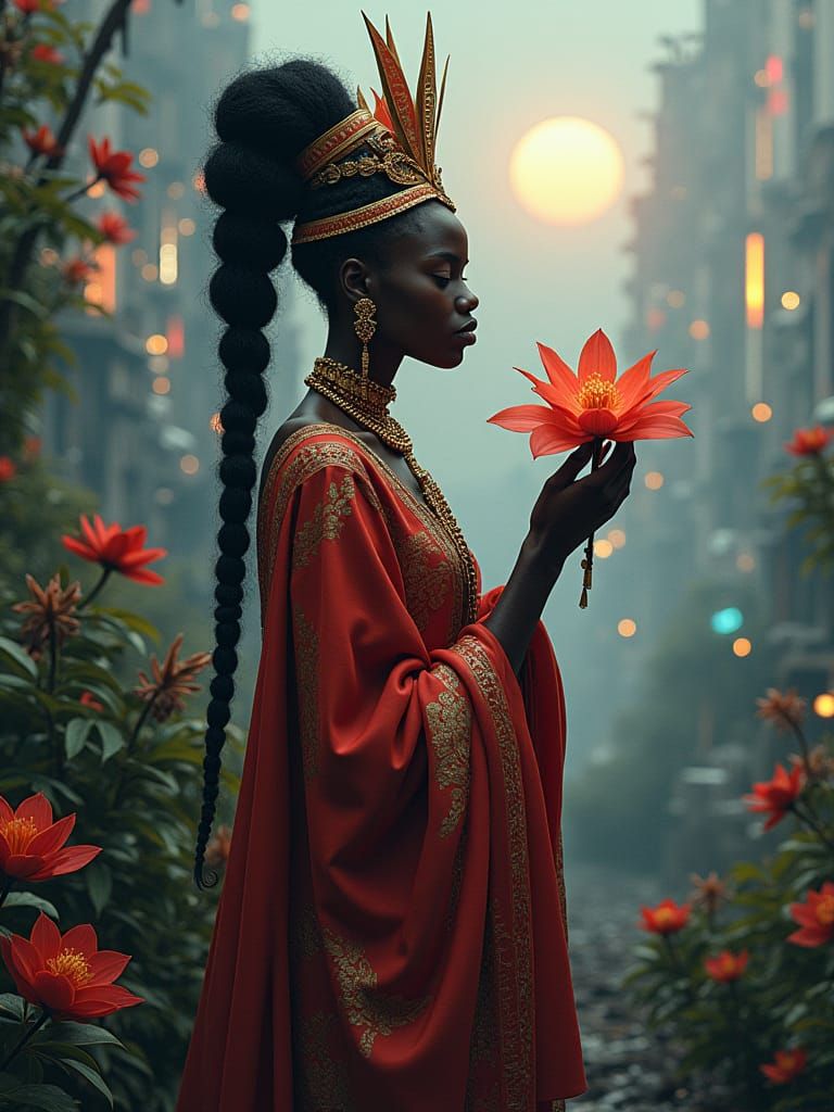 Cyberpunk African Woman with Flower, Anime Style