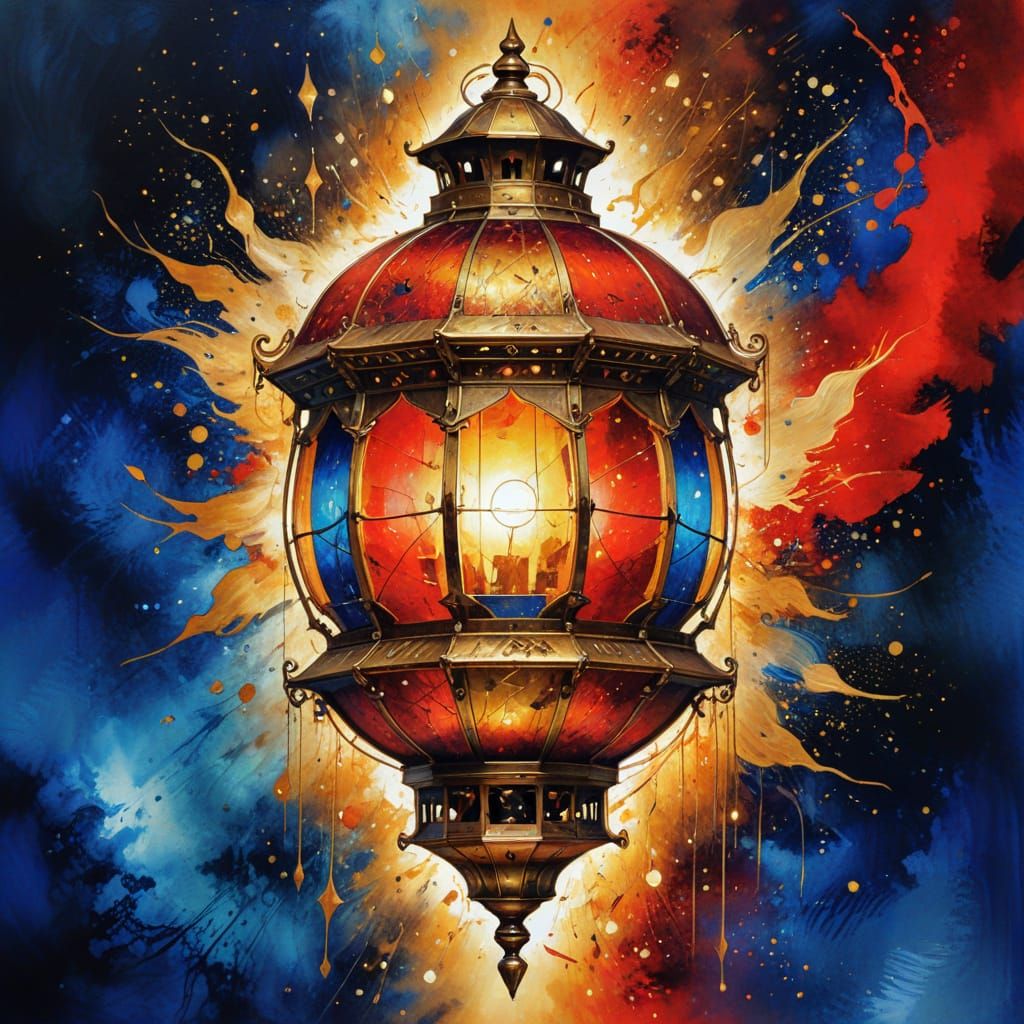 Ornate Golden Lantern in Fantasy Ink Painting