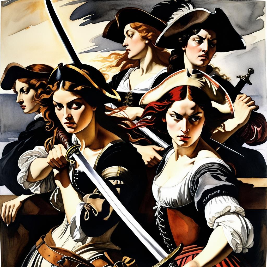 Women Pirates Sword Fight in Ink Print Style