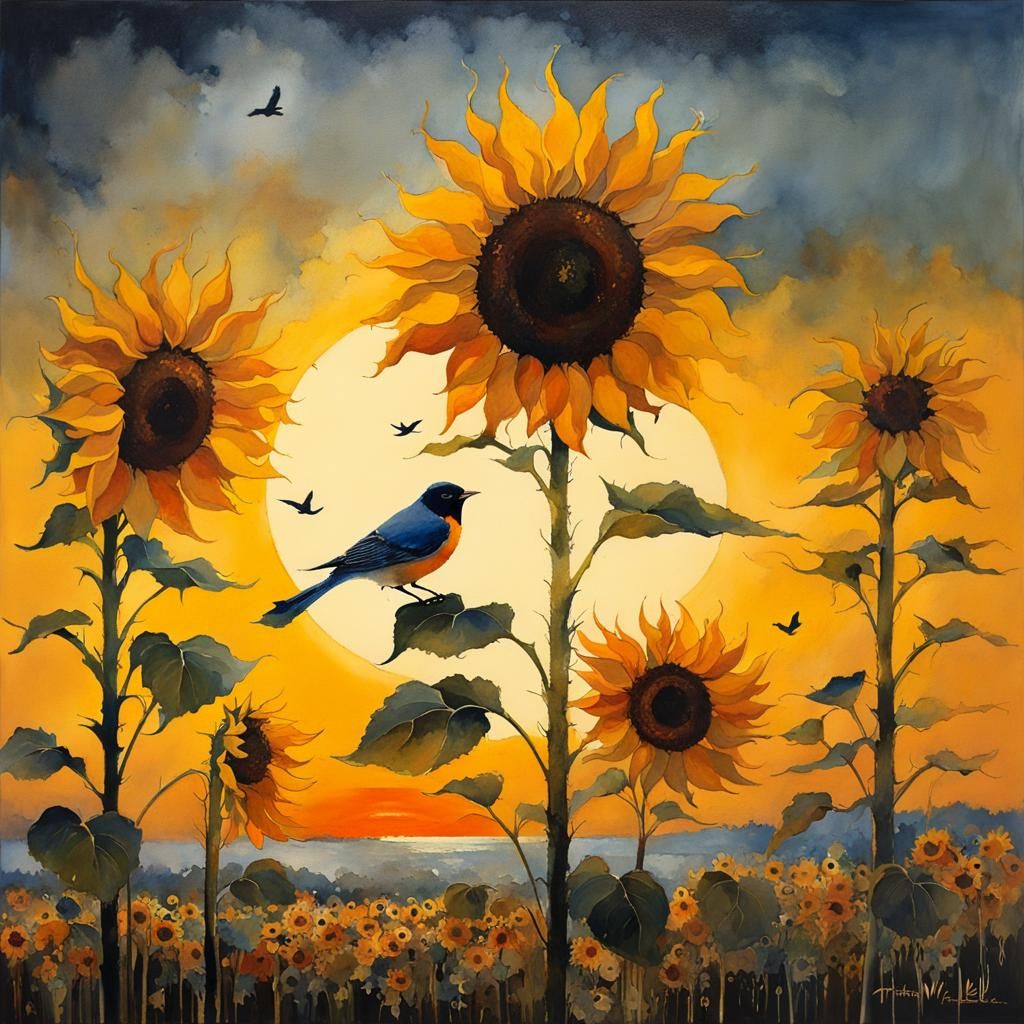 Sunflower and Bird at Sunset: Watercolor Art