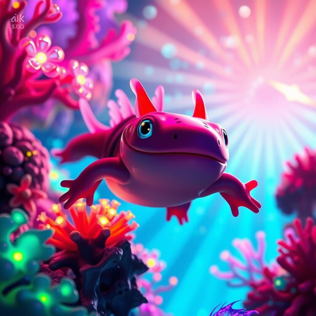 Glowing Underwater Paradise with Axolotl in Pixar-Inspired 3...