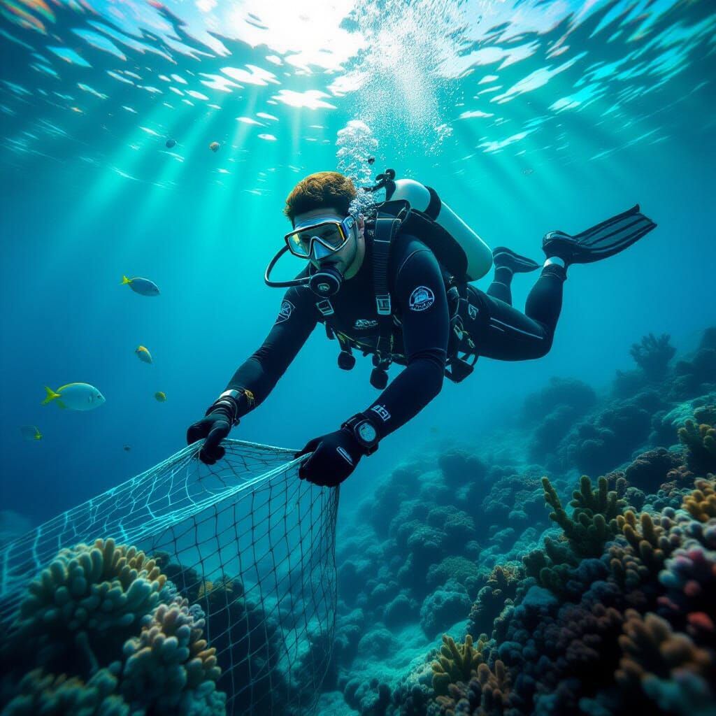 Hyperrealistic Diver Removes Ghost Net in Lebanon