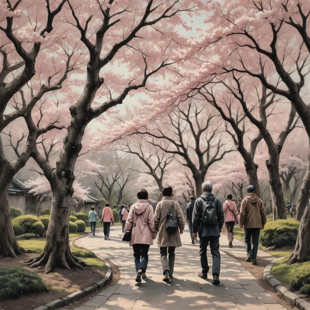 Serene Japanese Garden in Charcoal Drawing
