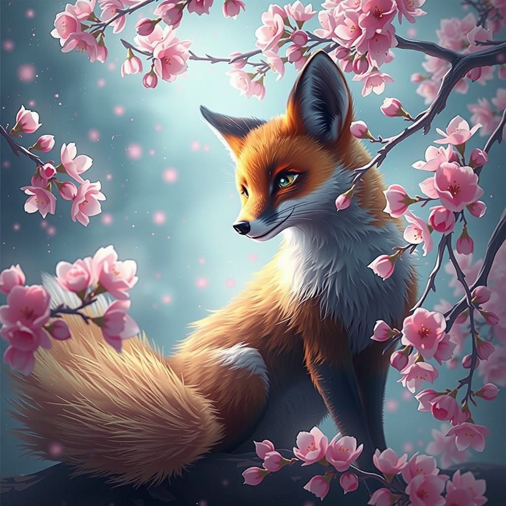 Anime Fox in Cherry Blossom Fantasy Art