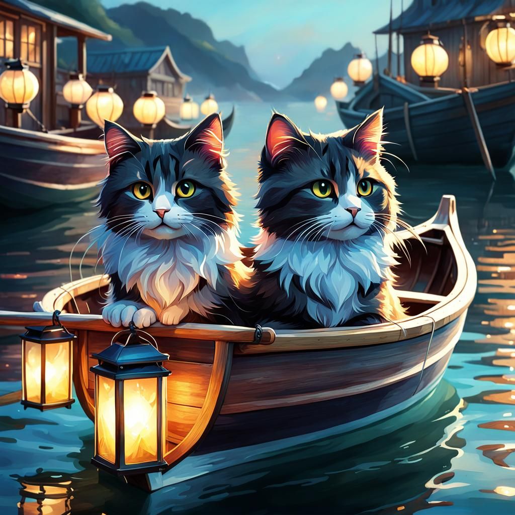 Cats love taking the rowing boat out of a evening