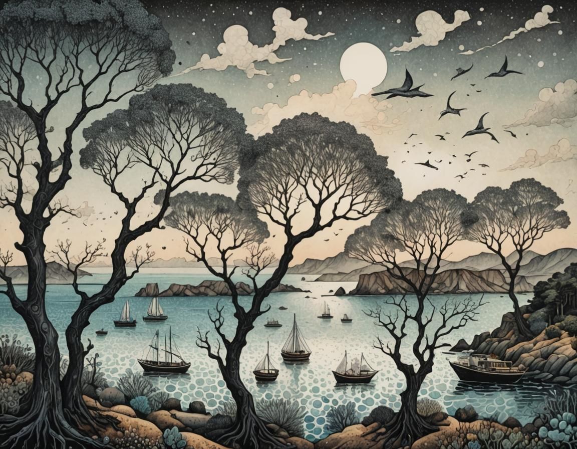 Surreal Pointillist Seascape with Twisted Trees and Skyships