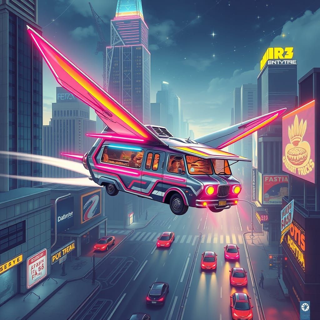 Neon Food Truck Soars Above Futuristic City