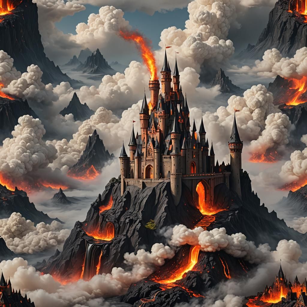 Surreal Castle on Cloud with Lava Moat