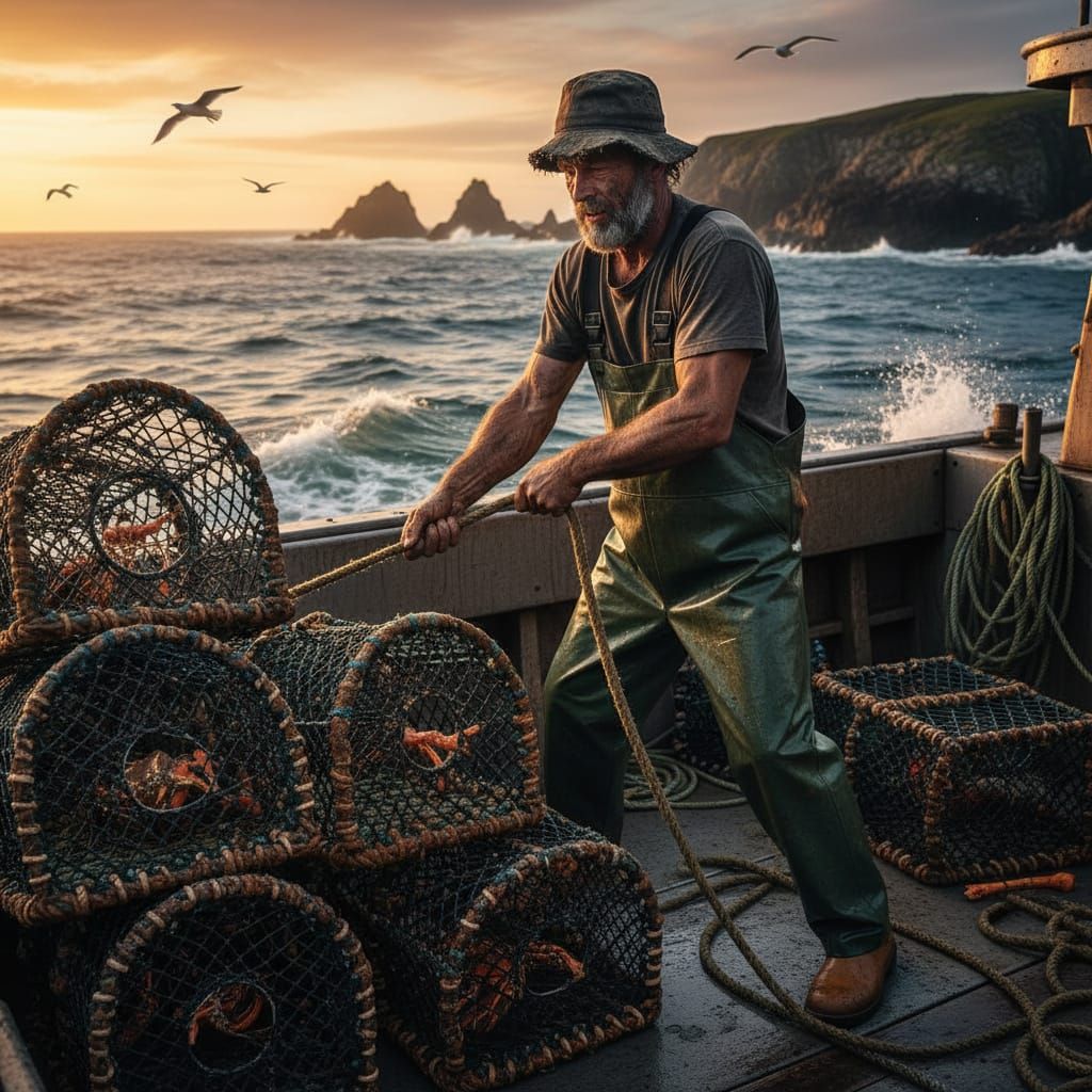 Rugged Fisherman Hauls Lobster Pots From The Sea