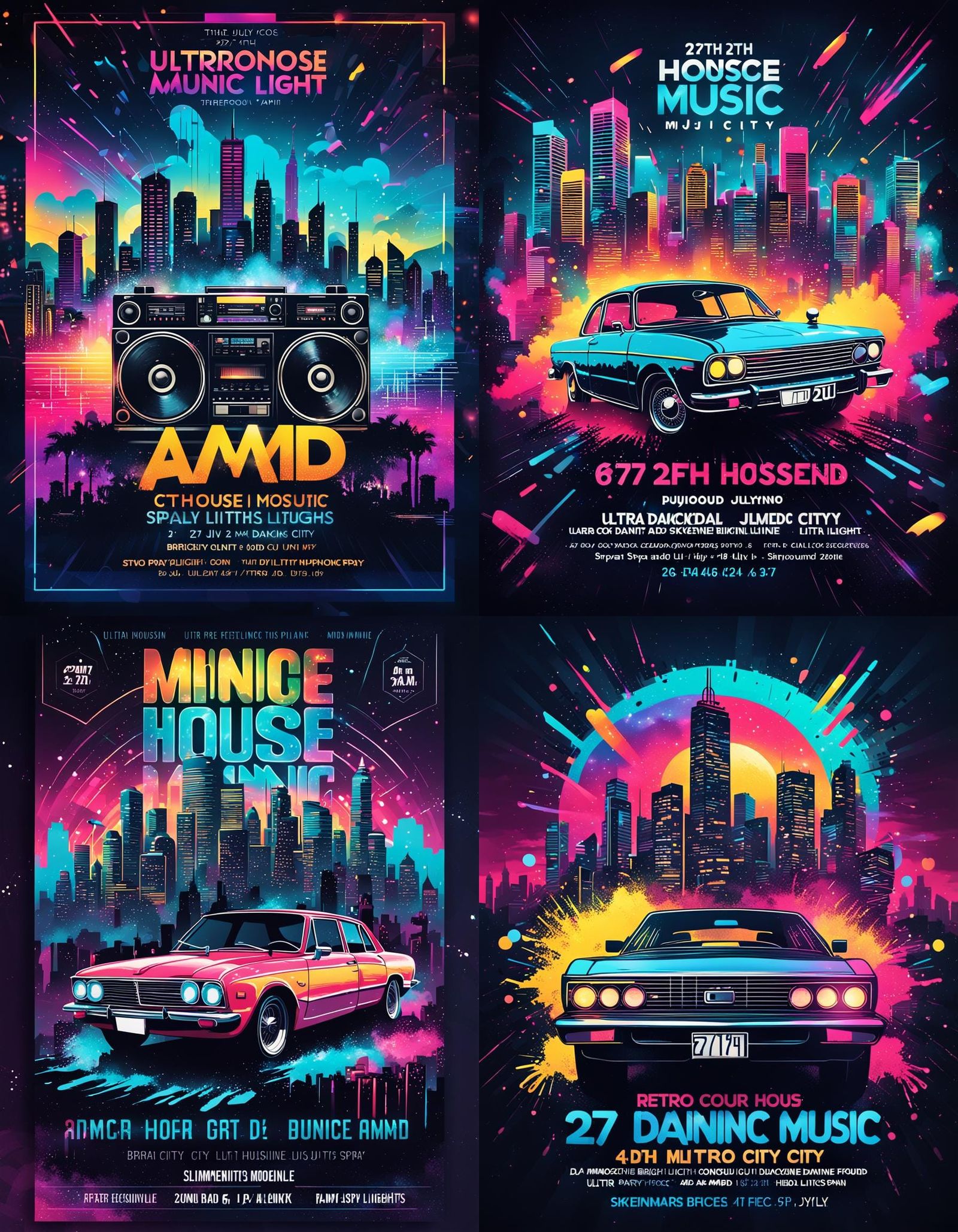 Retro House Music Party Flyer with City Lights