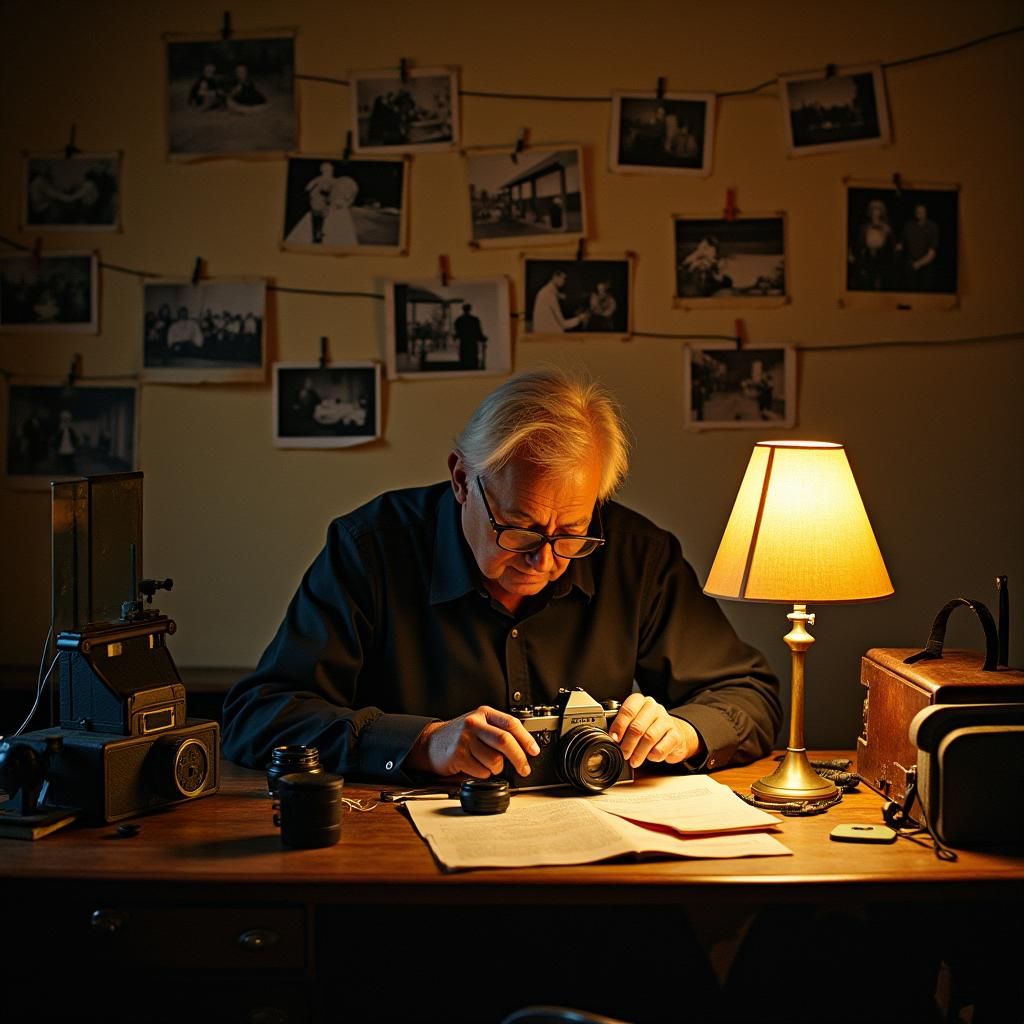 Vintage Camera Repair Border in Film Noir Style