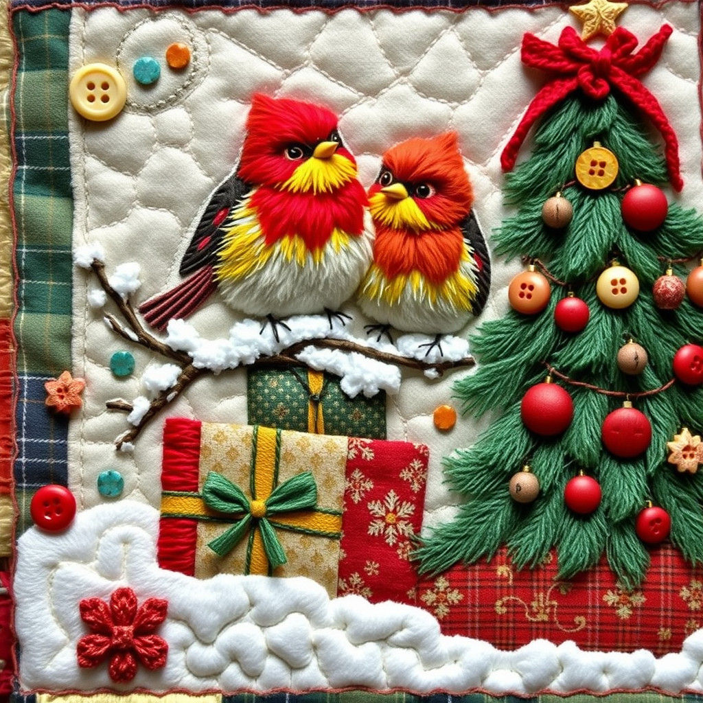 Festive Christmas Birds Patchwork Quilt