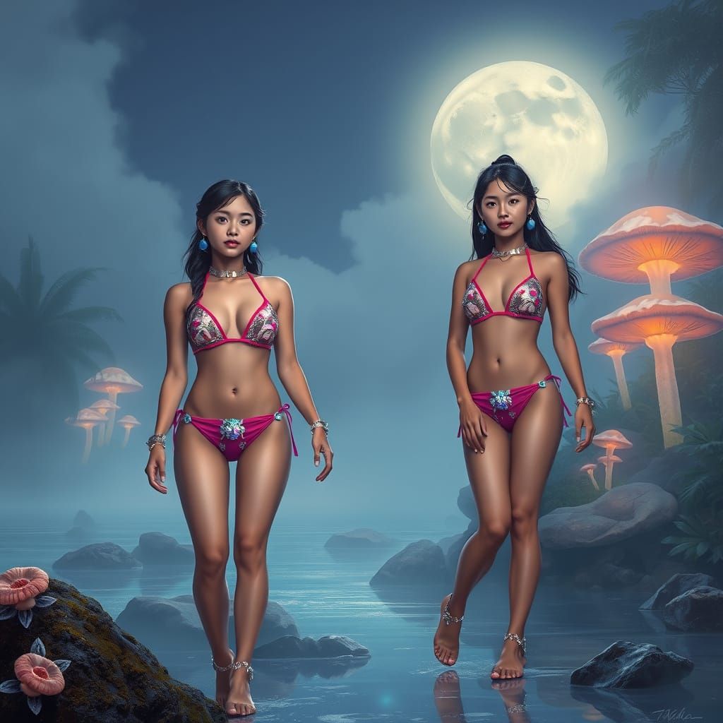 Vibrant Dreamgirls on a Moonlit Shoreline