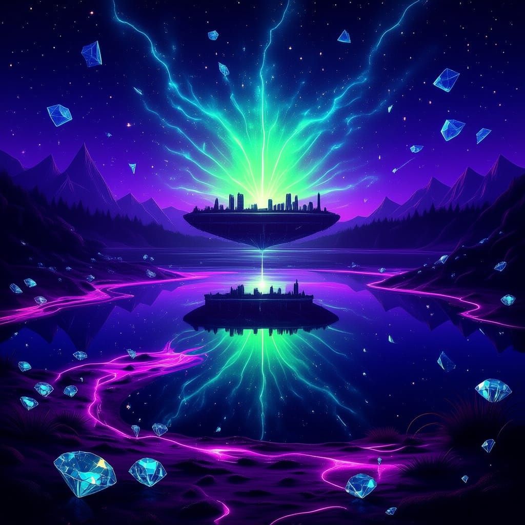 Mysterious Portal Light Show Over Calm Lake at Night