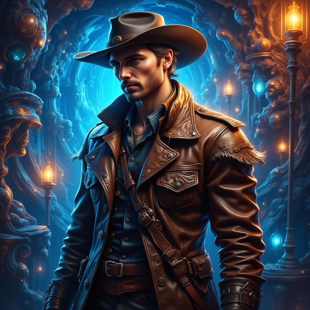 Rugged Man in Futuristic Neon Cave