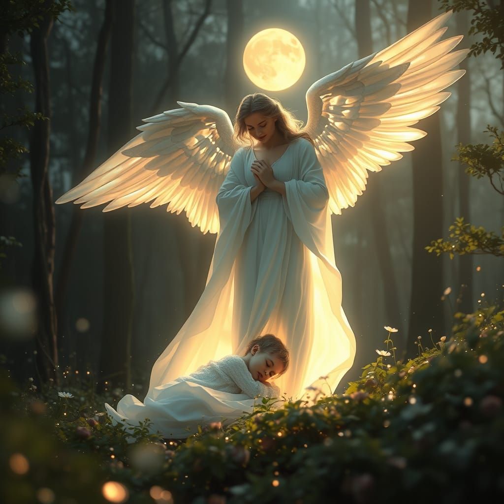Angel Sheltering Child in Moonlit Forest