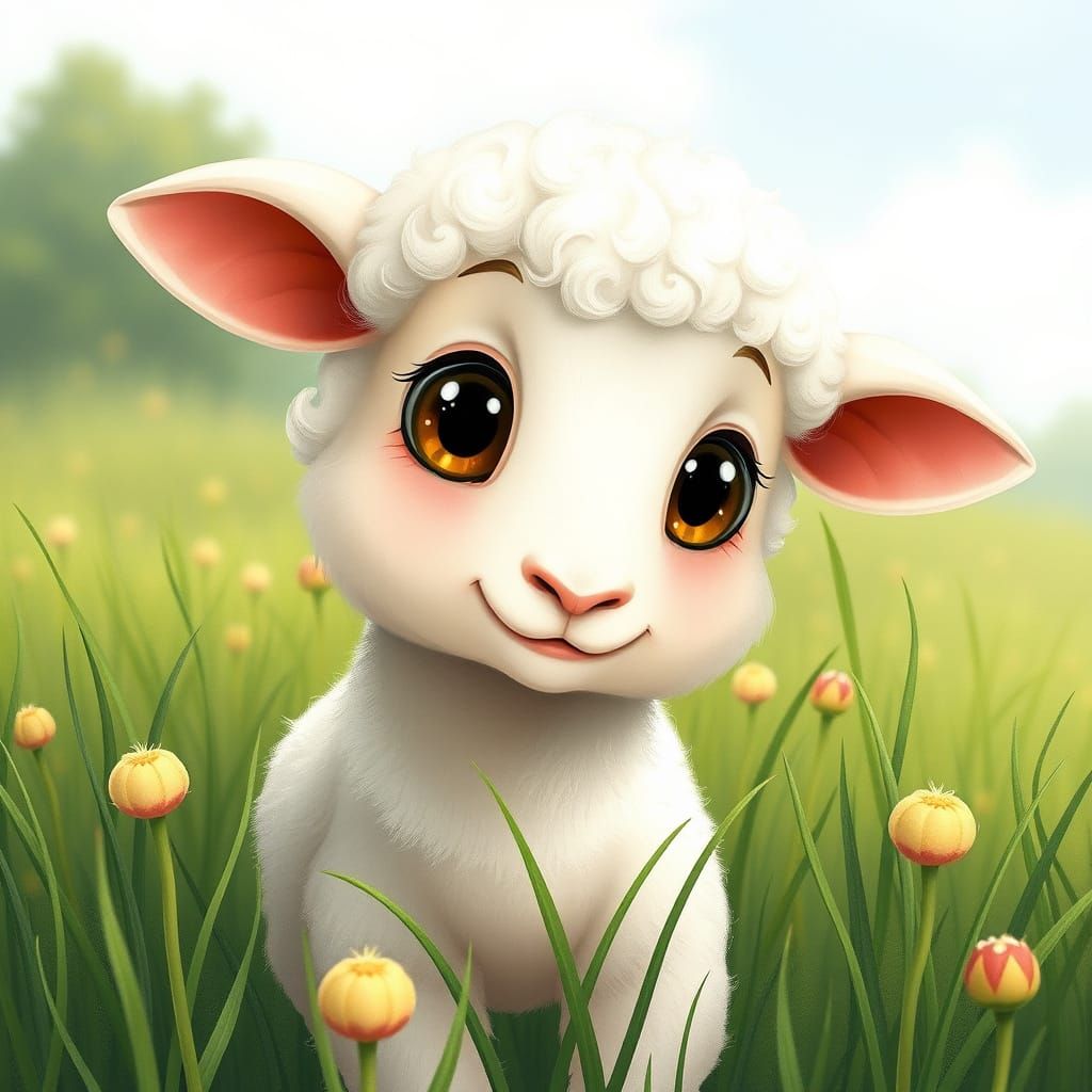 Adorable Lamb in Lush Meadow Illustration