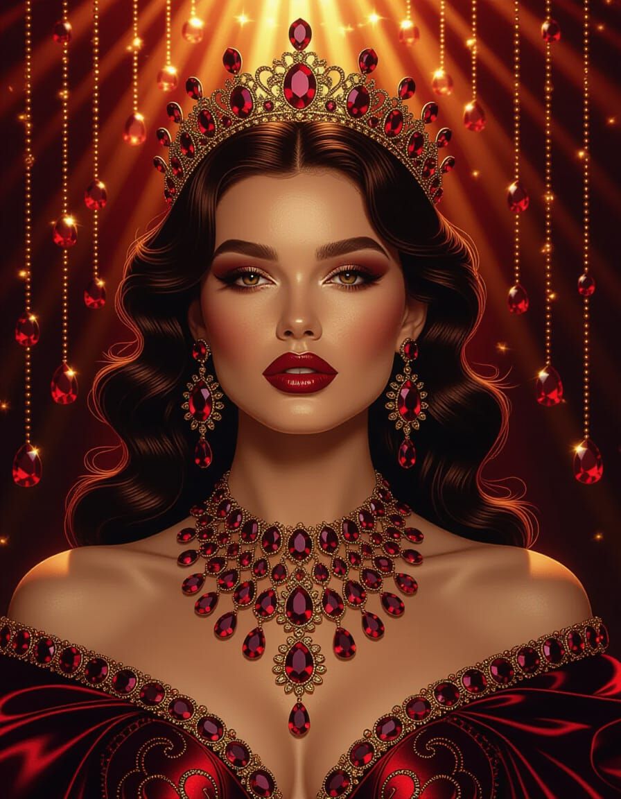 Regal Gemstone Persona in Dramatic Ruby Adornments