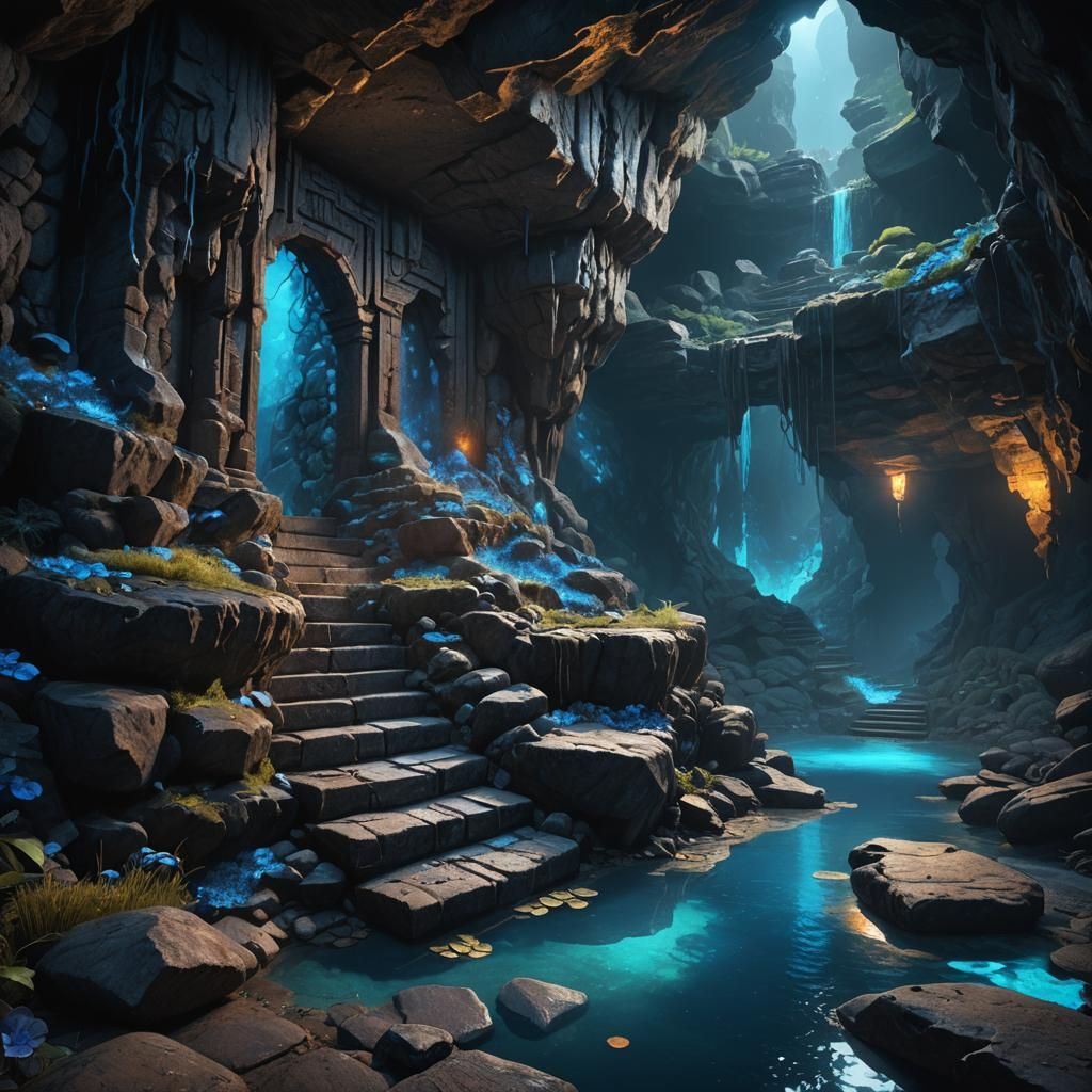 Ancient Cave Ruin with Glowing Blue Pond