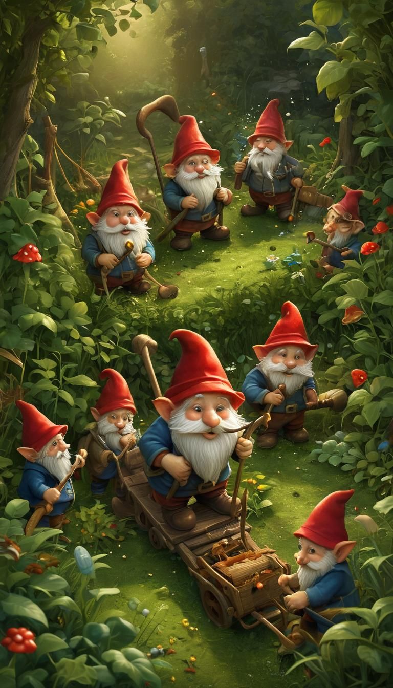 Gnome and Mice Plowing Garden, Digital Painting
