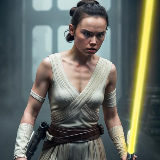 Daisy Ridley as Rey with Yellow Lightsaber