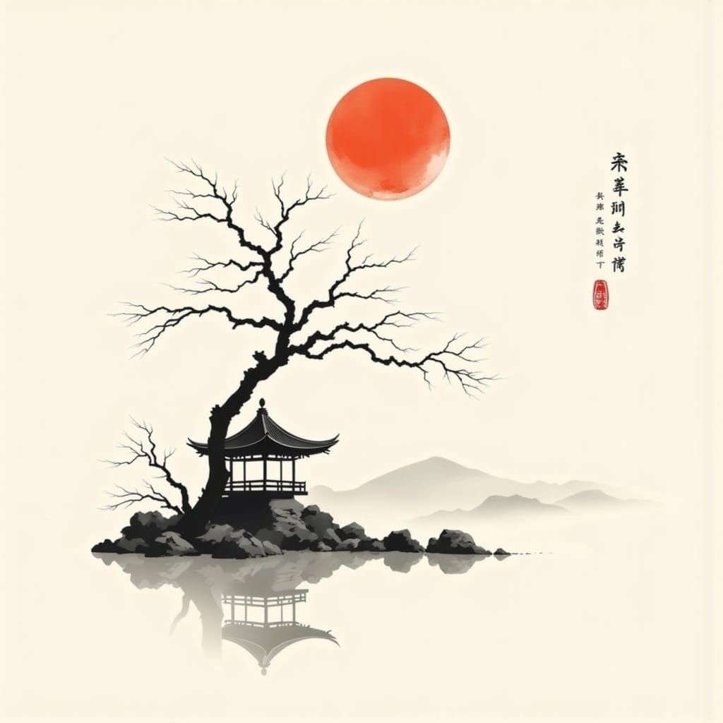 Surreal Japanese Landscape in Traditional Ink Wash Style