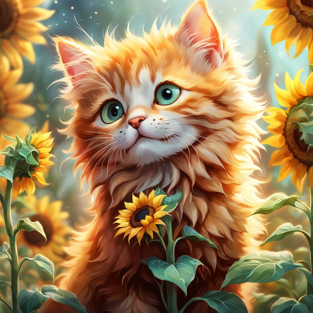 Ginger Kitten with Sunflowers in Disney Style