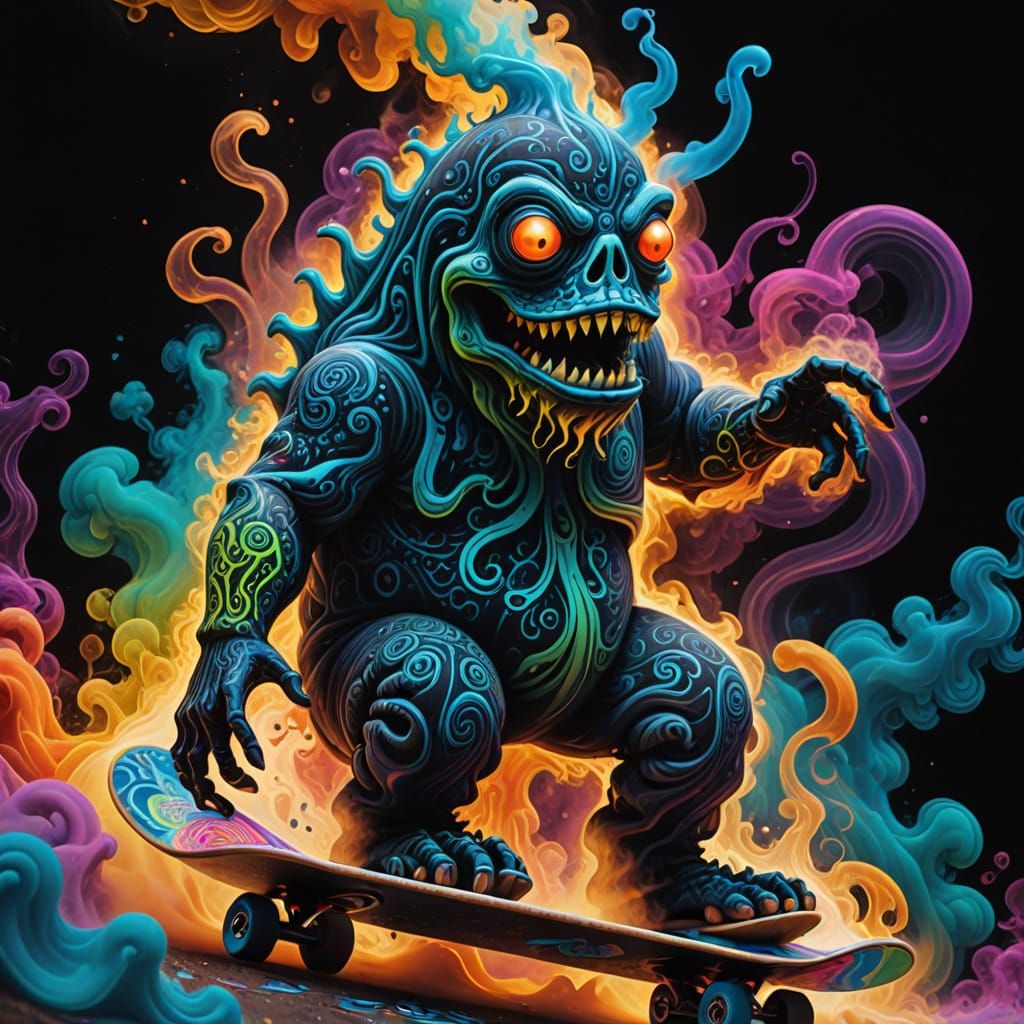 Smoke Monster Skateboarding in Surreal Petroglyph Style