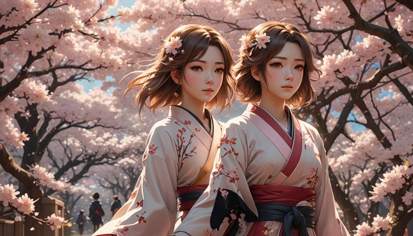Beautiful Woman Walking in Sakura: Vibrant 3D Anime Art