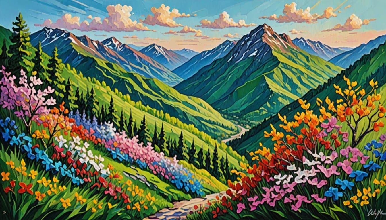 Lush Springtime Landscape in Impasto Acrylic Style