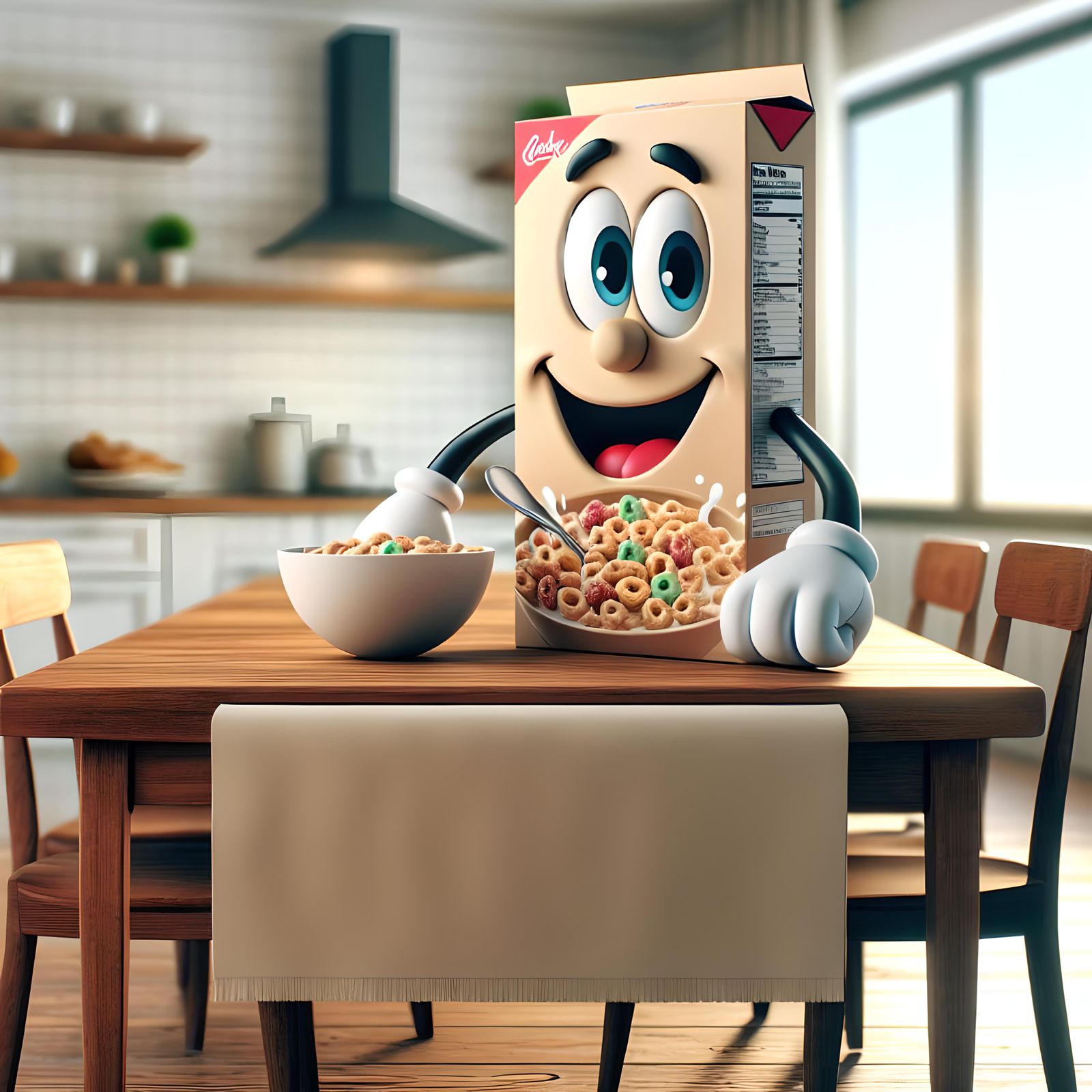 Cartoon Cereal Box Character on Kitchen Table