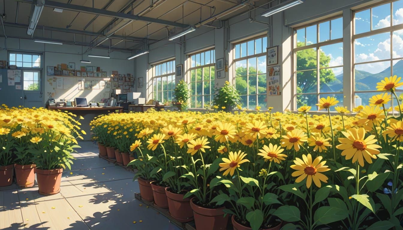 Anime Studio with Luminous Flowers in Shinkai Style