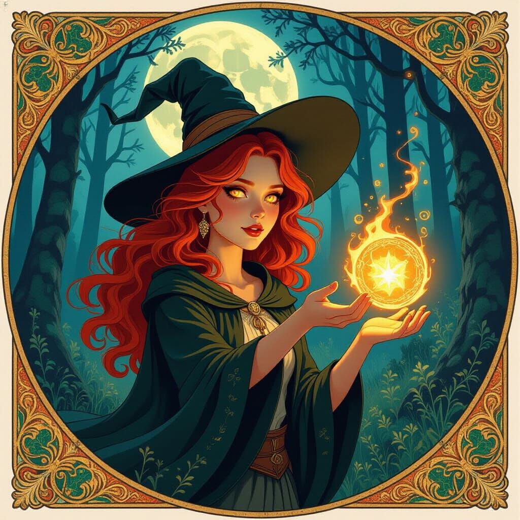 A young witch with fiery red hair casts a spell in a moonlit...