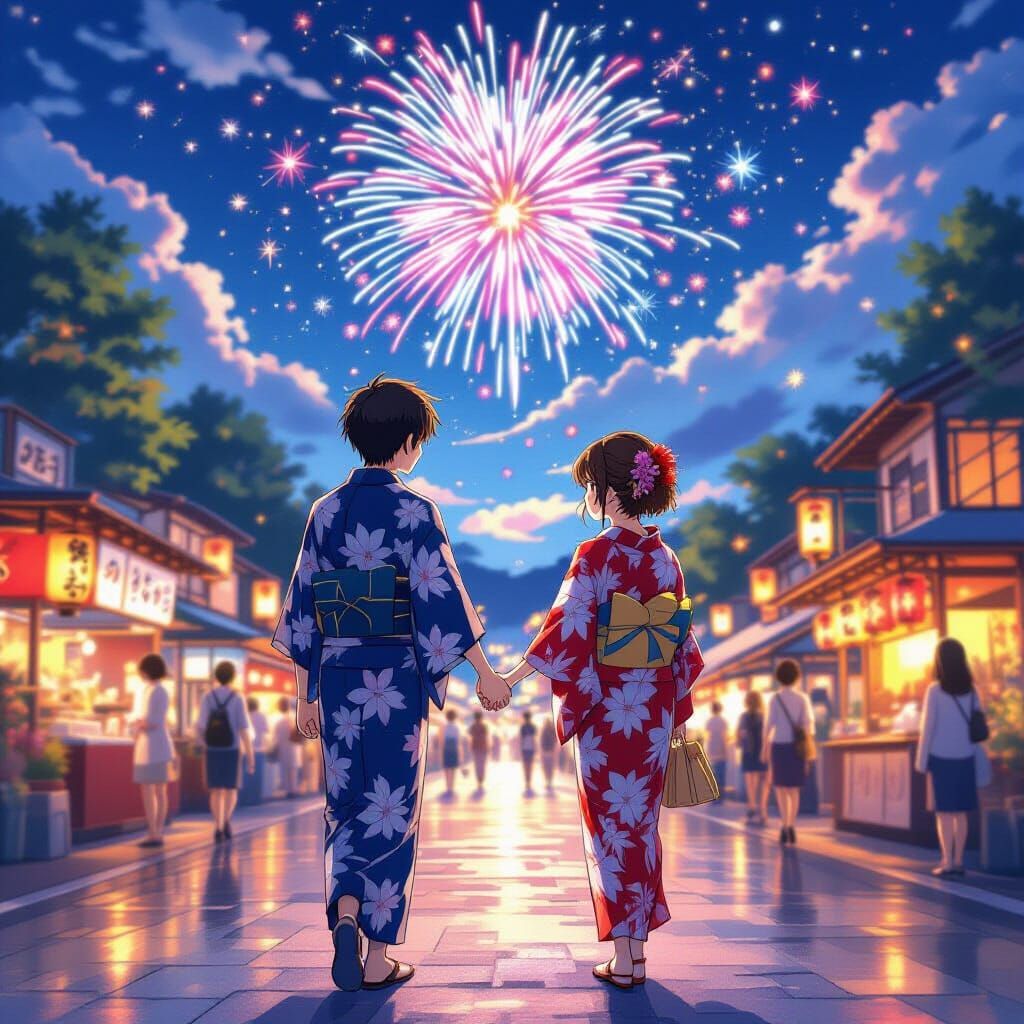 Anime Couple at Summer Festival with Fireworks