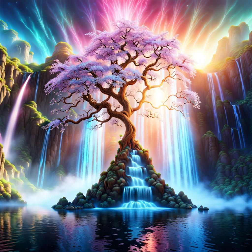 Mythical Crystalline Tree Over Magical Waterfall