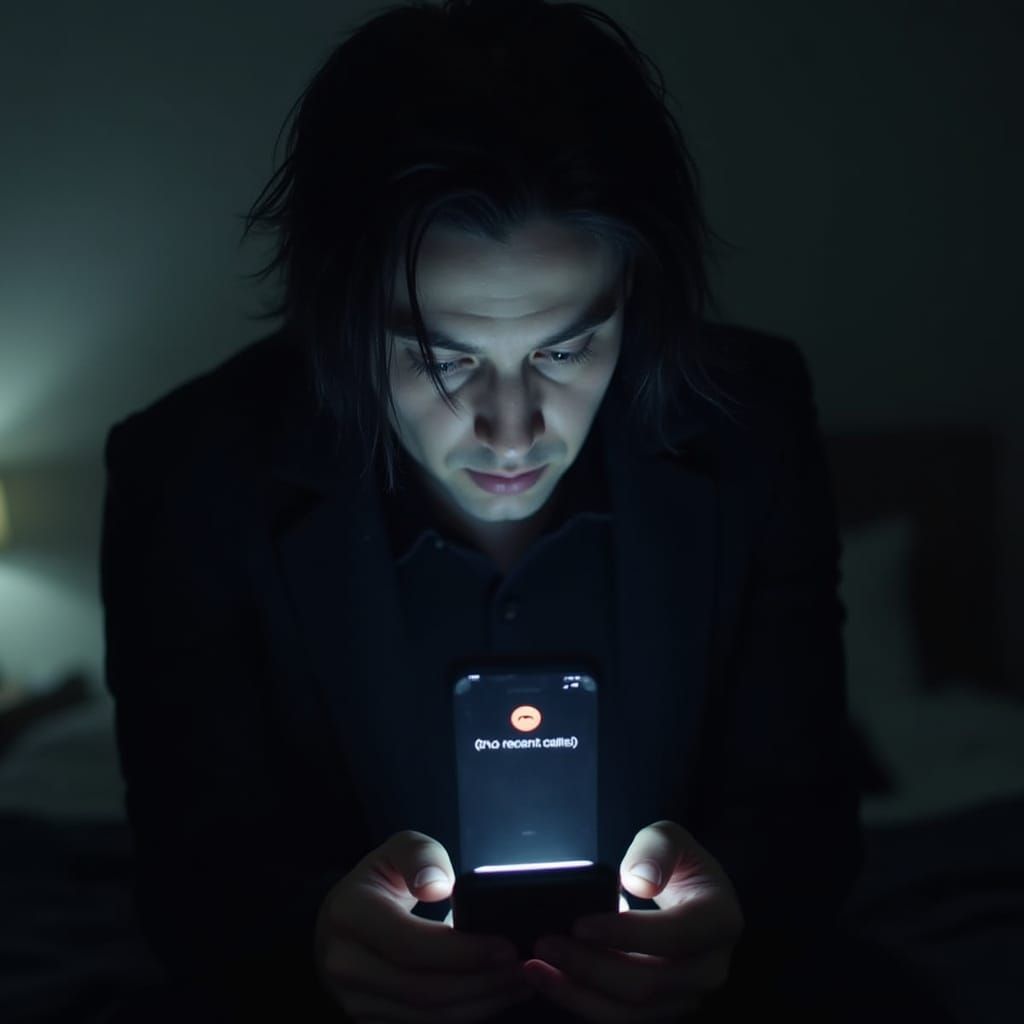 Gothic Haired Man Intensely Gazing at Empty Call Log on Smar...