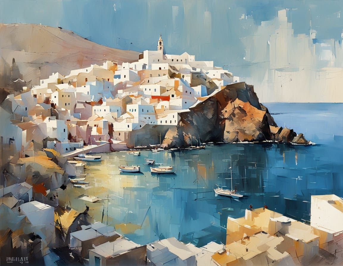Santorini Coastal Townscape in Vibrant Colors