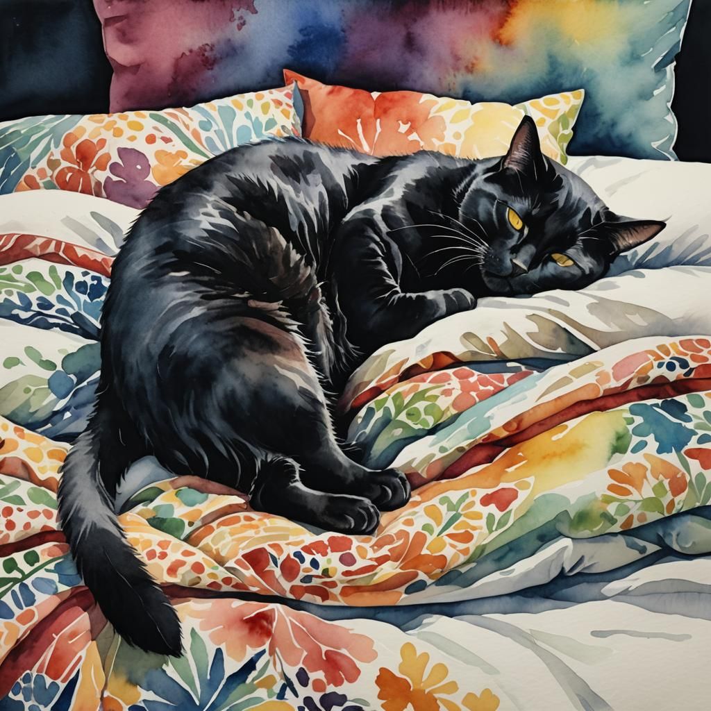 Black Cat Napping: Abstract Watercolor Painting