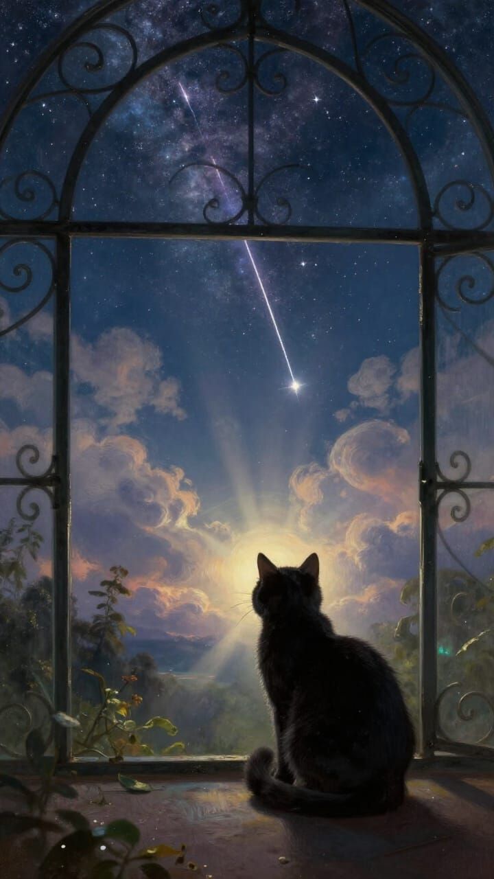 Meteor Shower Over Victorian Greenhouse With Cat
