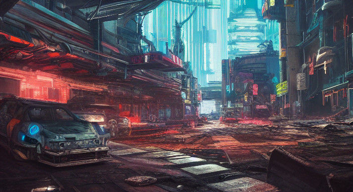 Surreal Cyberpunk Cyborg Embracing Dark Futuristic Landscape