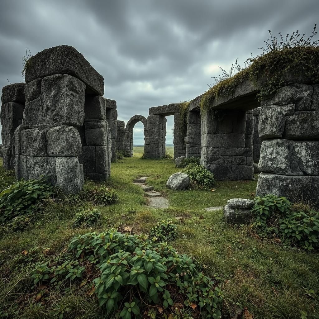 Overgrown Stone Henge Ruins in Hyperrealistic Style