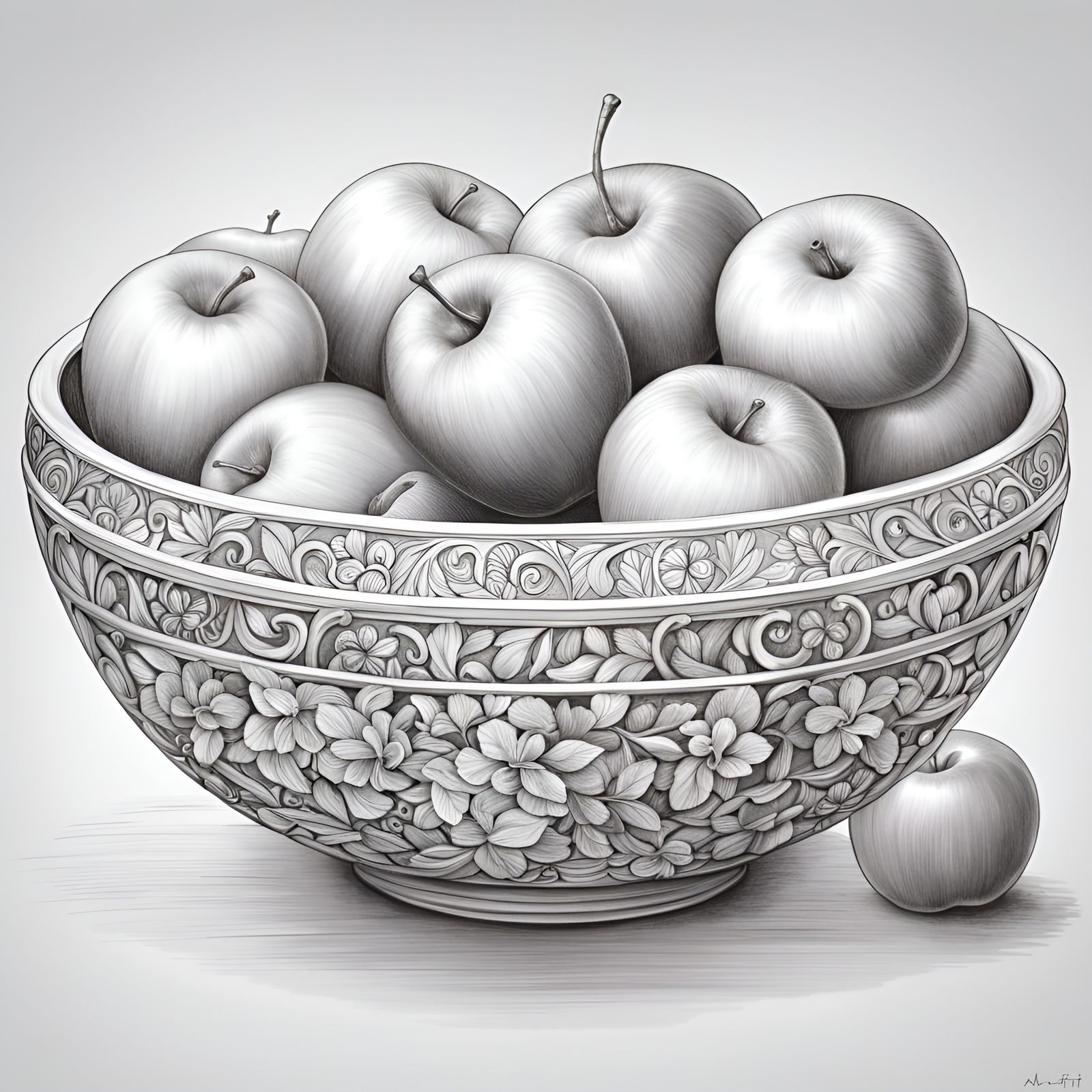 Hyperdetailed Apple Bowl Pencil Sketch in 3D