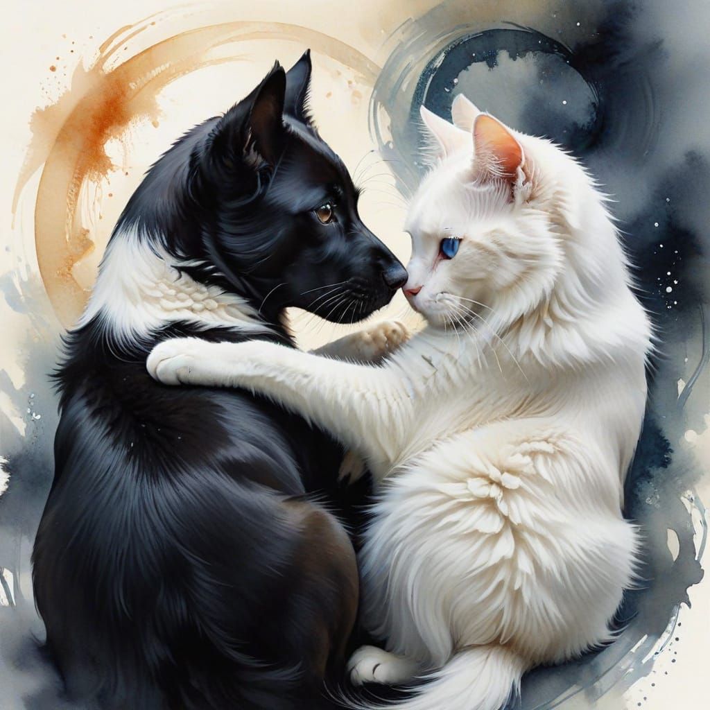 Harmonious Black Dog and White Cat Yin-Yang Intertwined