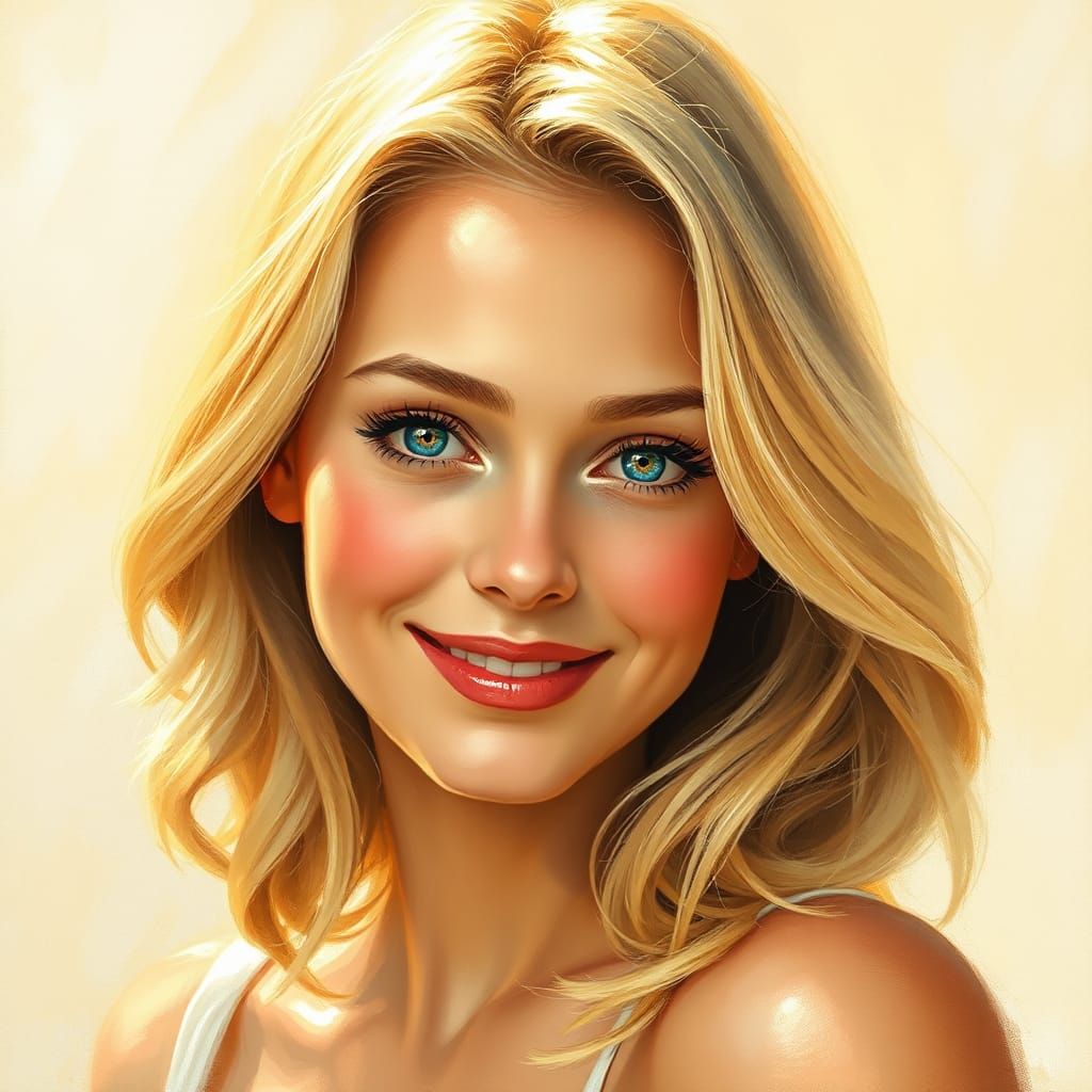 Smiling Blonde Woman in Impressionistic Oil Painting