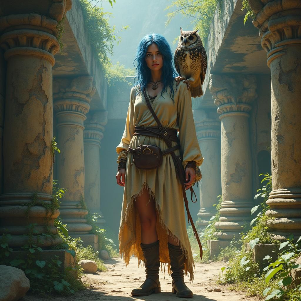 Mystical Woman in Ruins with Owl: Fantasy Concept Art