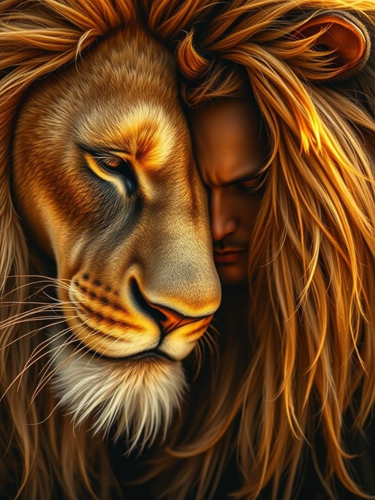 Jesus in Tranquil Union with a Majestic Lion