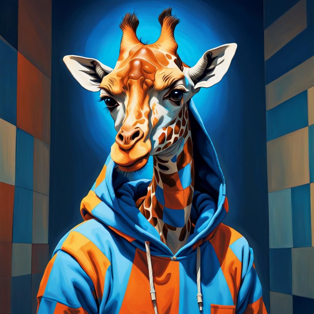 Giraffe in Checkered Hoodie: Surreal Futuristic Art